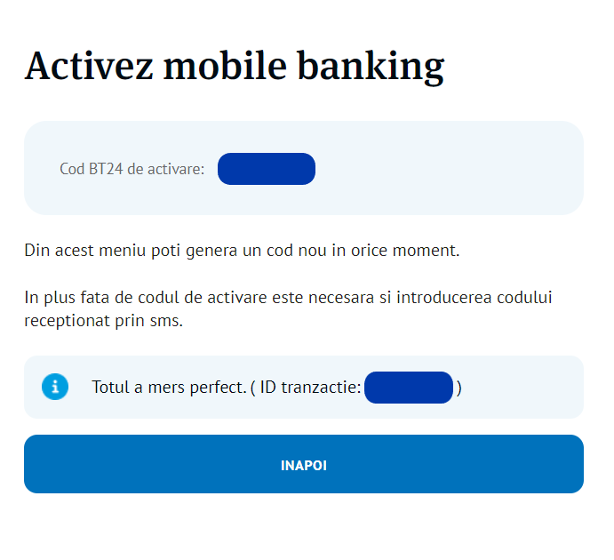 Primire cod activare - BT24 Internet Banking