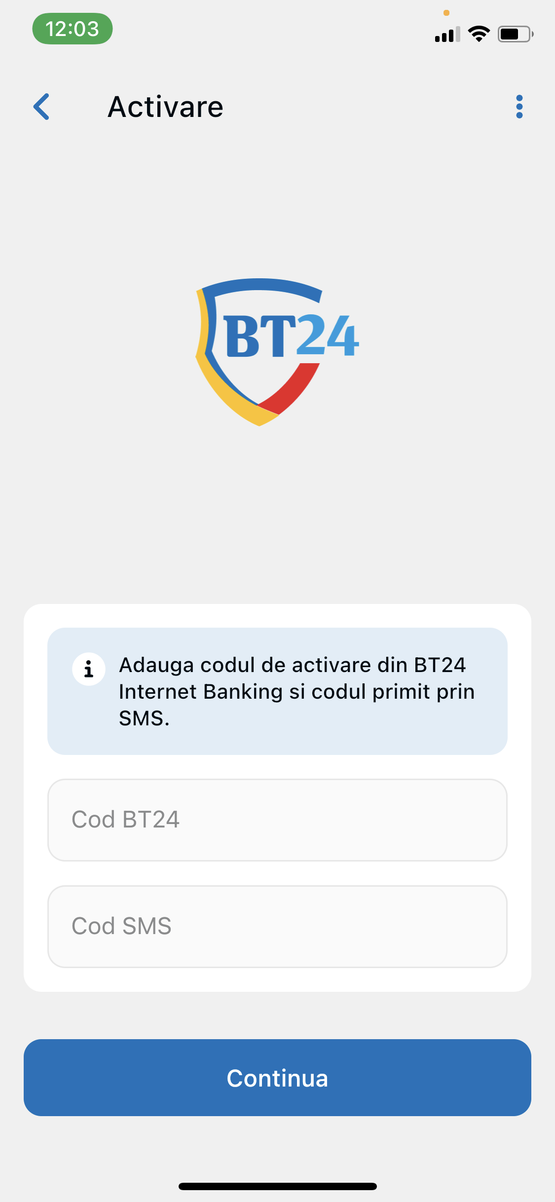 Inserare cod activare aplicație - BT24 Internet Mobile